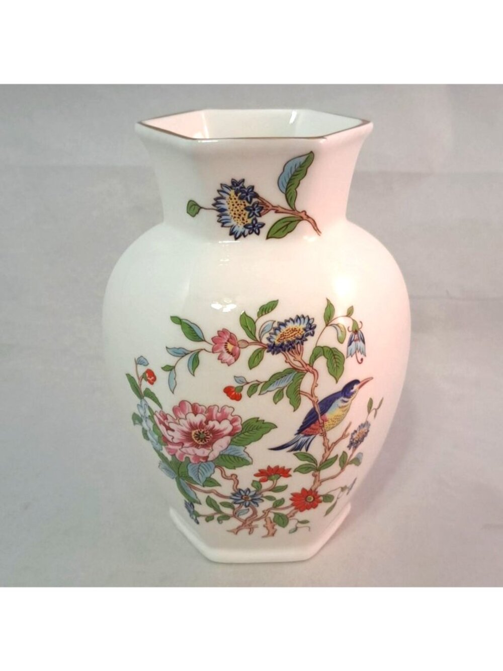 Aynsley Bone China Pembroke Floral Vase 5" Hexagonal Gold Trim Vintage England